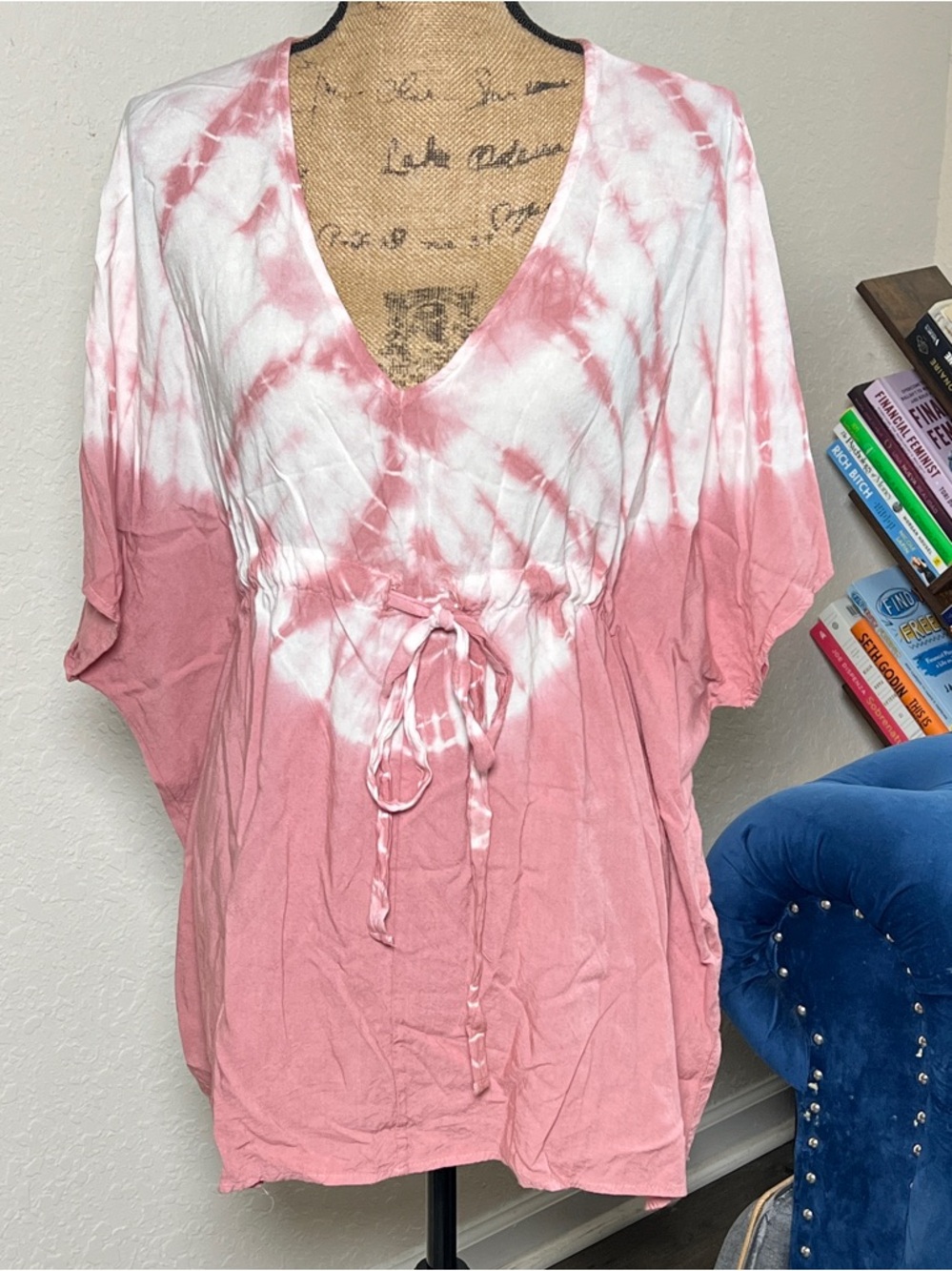 Tie-Dye V-Neck Drawstring Women's Top - Dusty Rose